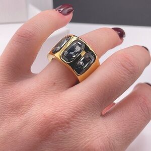 Gold Plated Wide Ring With Three Rectangle Smoky Quartz, Dark Crystals